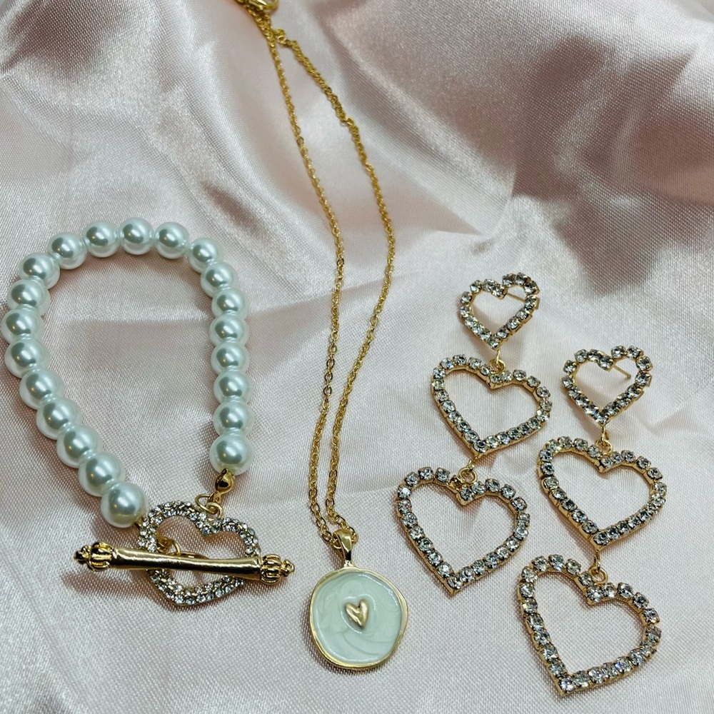 Heart Rhinestone Goldtone Jewelry Trio